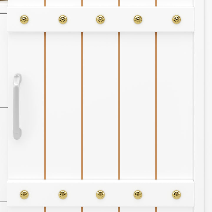 White wooden kitchen island trolley with sliding doors and fold-out worktop ASCENDAL