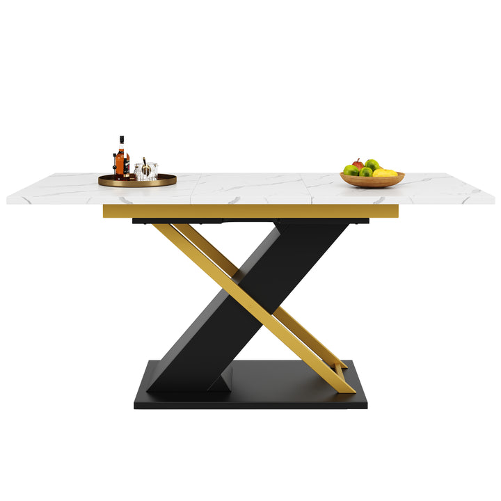 Extendable dining table 120–160 × 80 cm with marble-look top and golden cross legs COPPICEKNOLL
