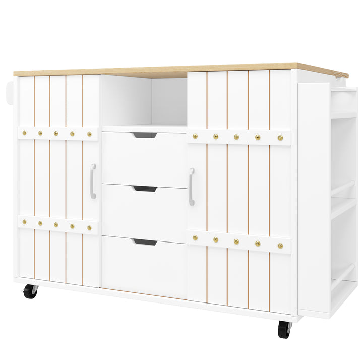 White wooden kitchen island trolley with sliding doors and fold-out worktop ASCENDAL