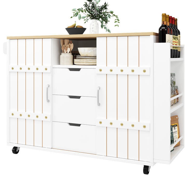 White wooden kitchen island trolley with sliding doors and fold-out worktop ASCENDAL