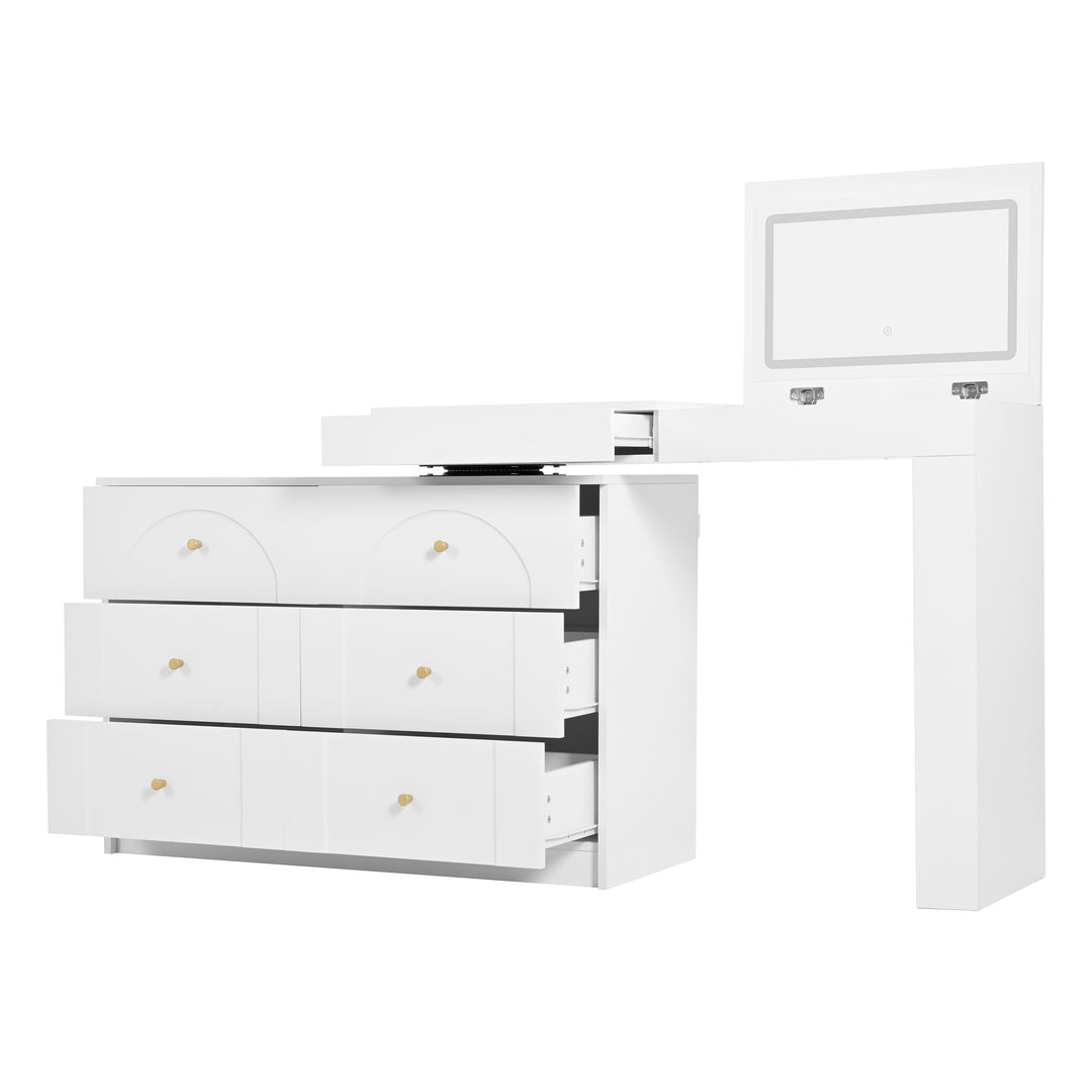 White L-shaped rotating vanity desk with LED mirror makeup table ELEGANT THROW HOME