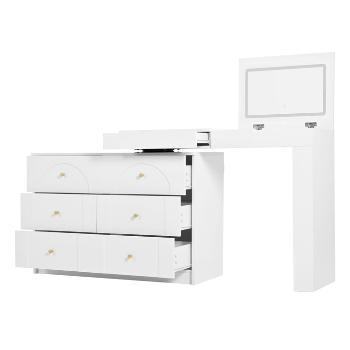 White L-shaped rotating vanity desk with LED mirror makeup table ELEGANT THROW HOME