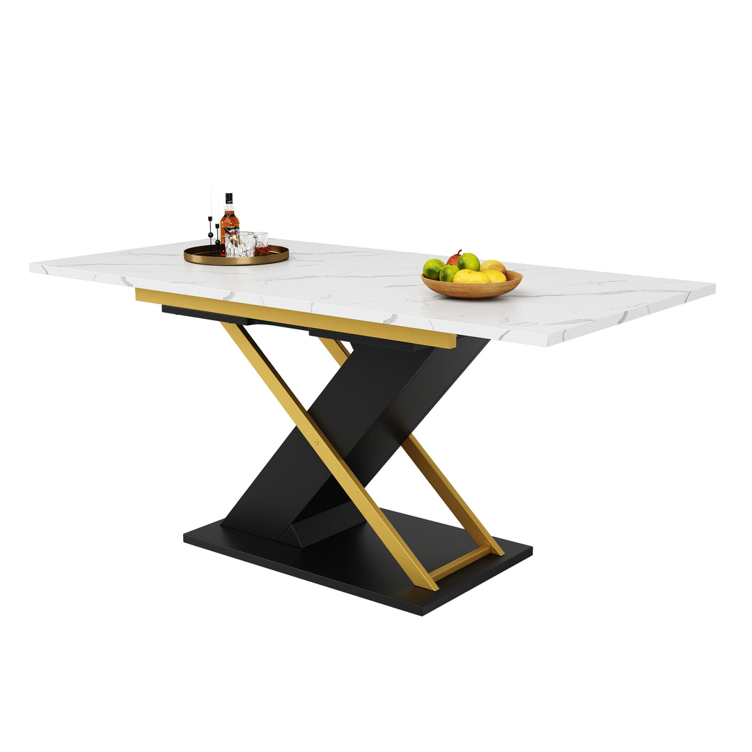 Extendable dining table 120–160 × 80 cm with marble-look top and golden cross legs COPPICEKNOLL