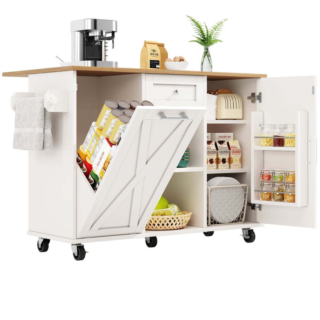 White wooden kitchen island trolley with extendable tabletop and storage cabinets ASCENDIST