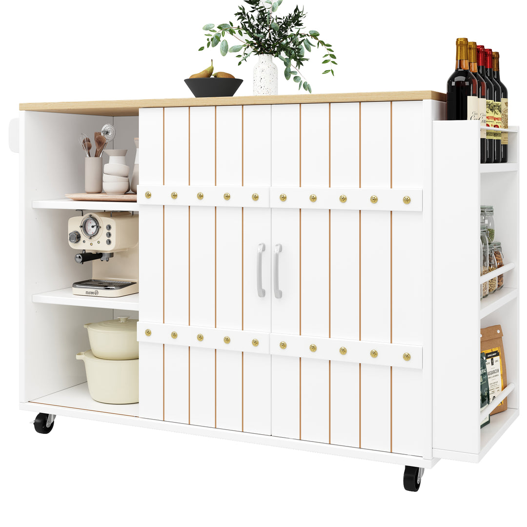 White wooden kitchen island trolley with sliding doors and fold-out worktop ASCENDAL