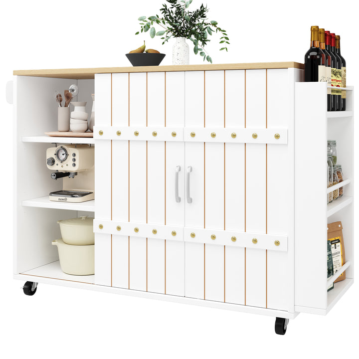 White wooden kitchen island trolley with sliding doors and fold-out worktop ASCENDAL