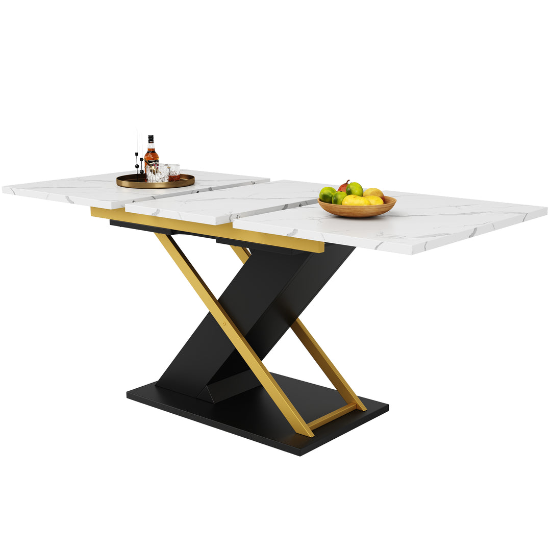 Extendable dining table 120–160 × 80 cm with marble-look top and golden cross legs COPPICEKNOLL