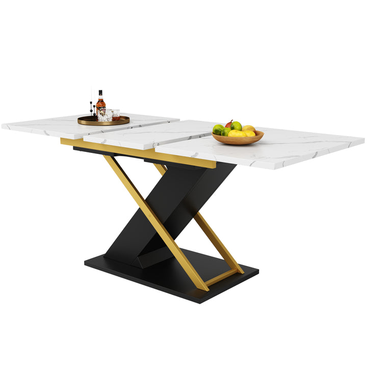 Extendable dining table 120–160 × 80 cm with marble-look top and golden cross legs COPPICEKNOLL