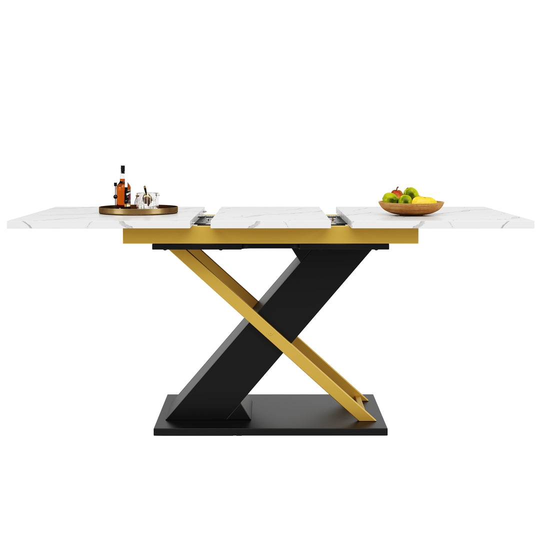 Extendable dining table 120–160 × 80 cm with marble-look top and golden cross legs COPPICEKNOLL