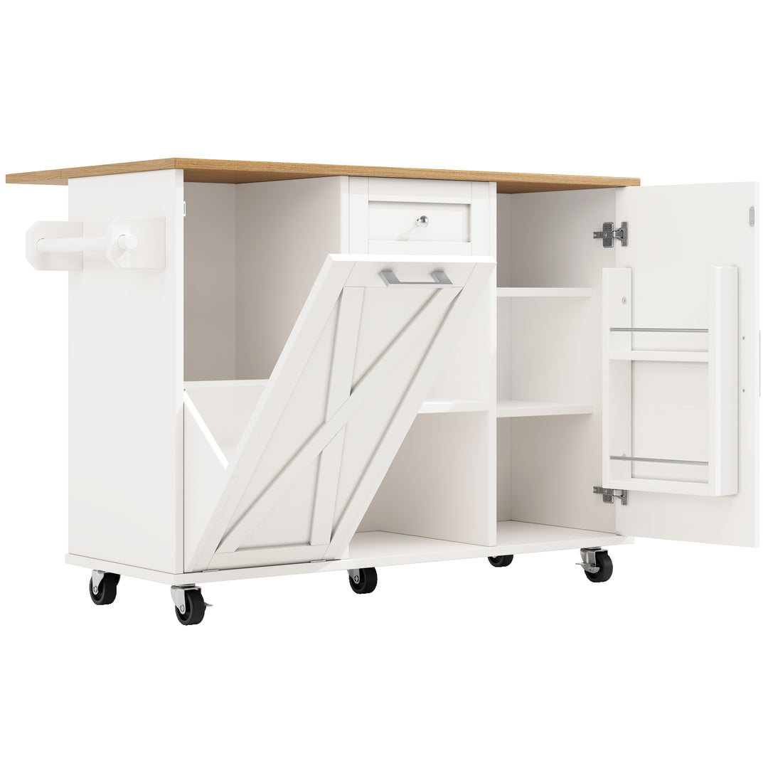 White wooden kitchen island trolley with extendable tabletop and storage cabinets ASCENDIST