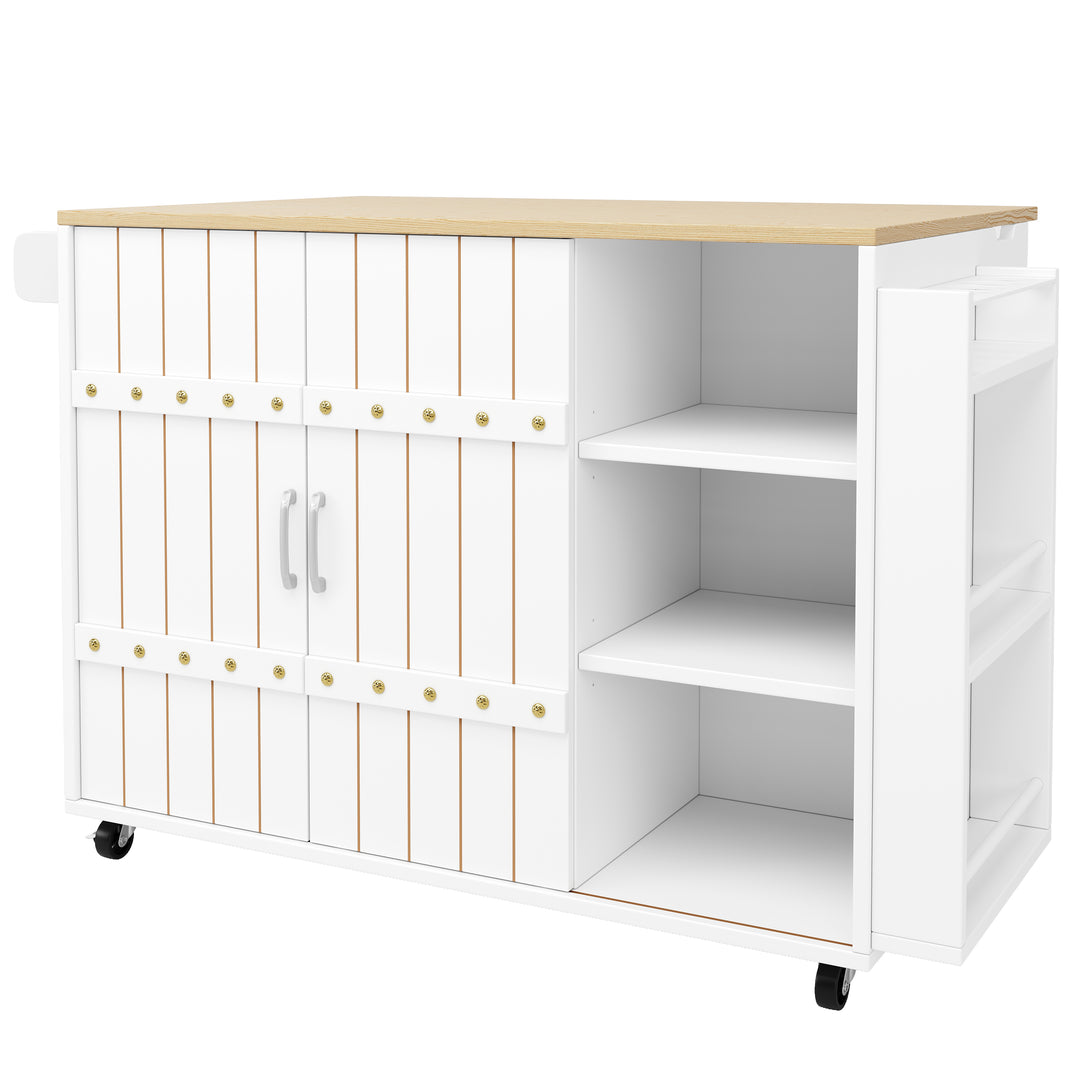 White wooden kitchen island trolley with sliding doors and fold-out worktop ASCENDAL