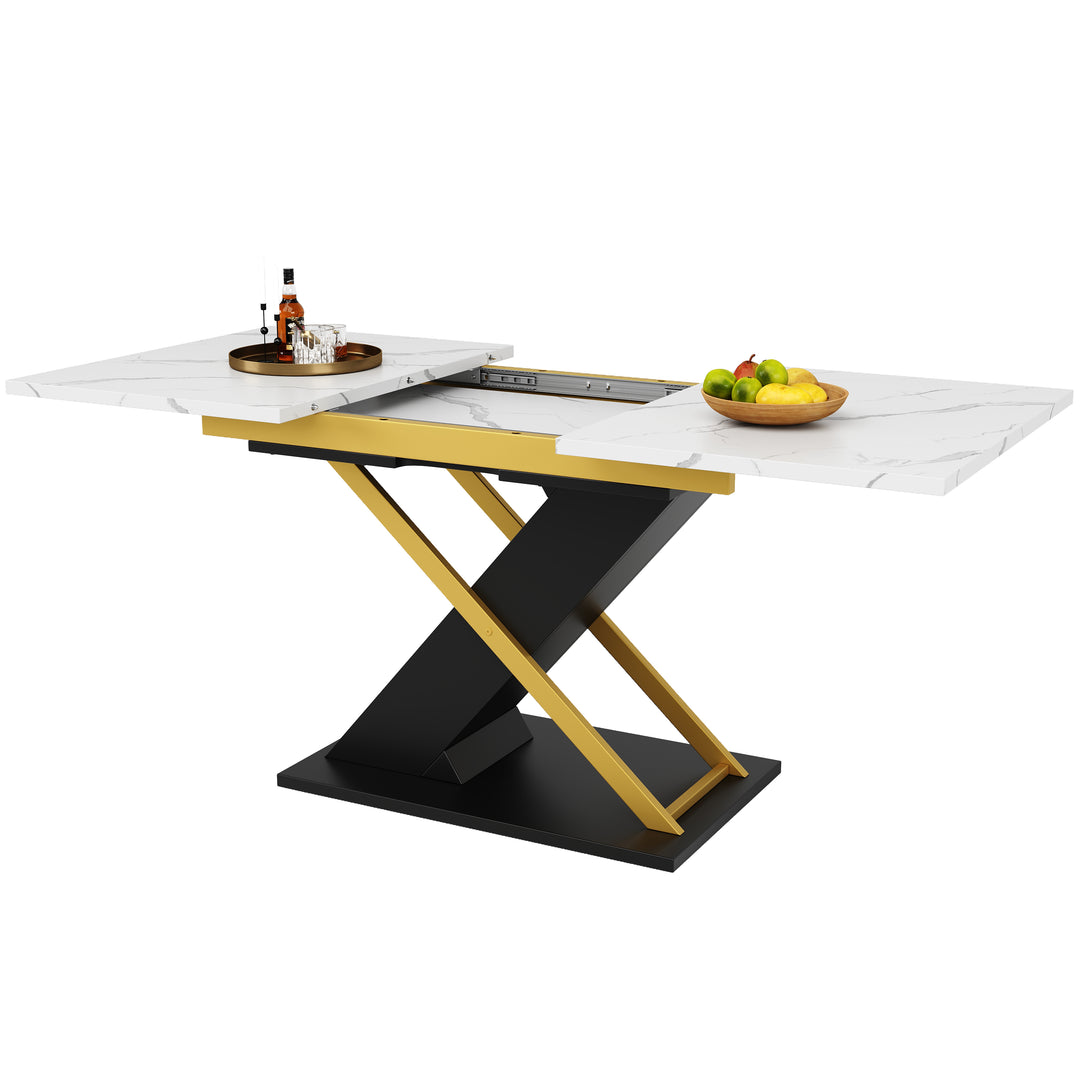Extendable dining table 120–160 × 80 cm with marble-look top and golden cross legs COPPICEKNOLL