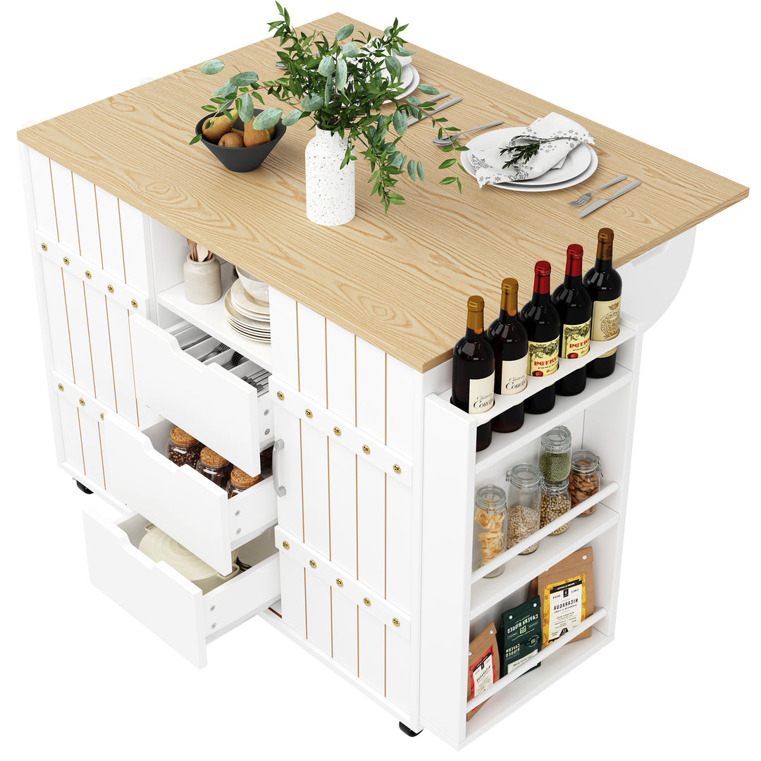 White wooden kitchen island trolley with sliding doors and fold-out worktop ASCENDAL
