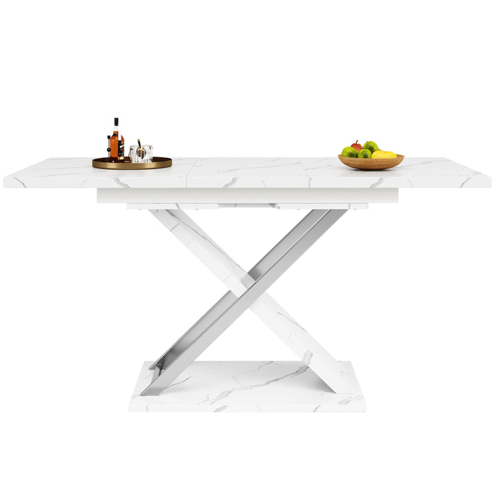 White marble-look extendable dining table cross legs design 118–157cm ASCENDIS