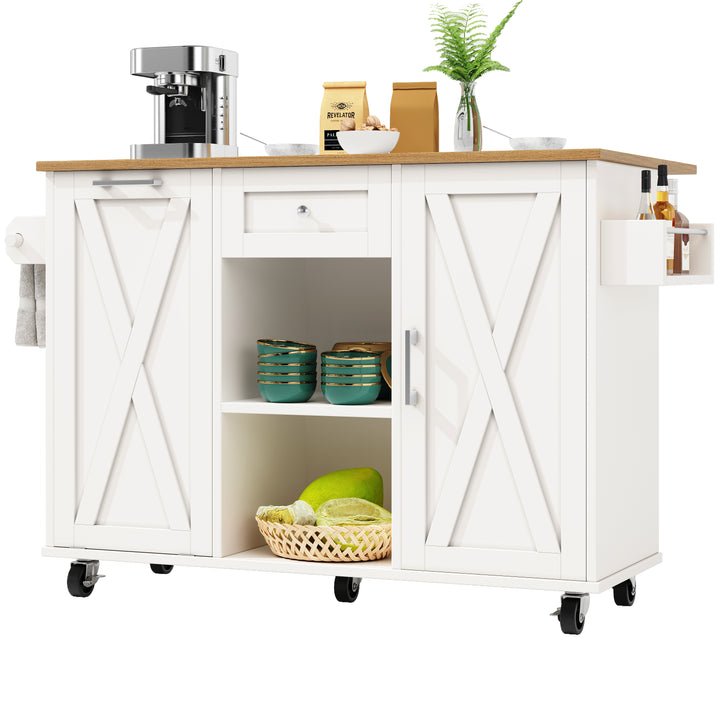 White wooden kitchen island trolley with extendable tabletop and storage cabinets ASCENDIST