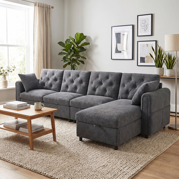 Modern L-shaped 3-seater velvet grey sectional sofa with storage chaise 281x132x86cm ELEGANT STEEL MAX