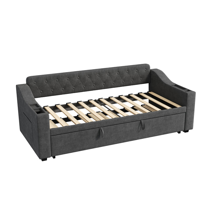 Dark grey linen tufted upholstered daybed with trundle and charging station CEARA