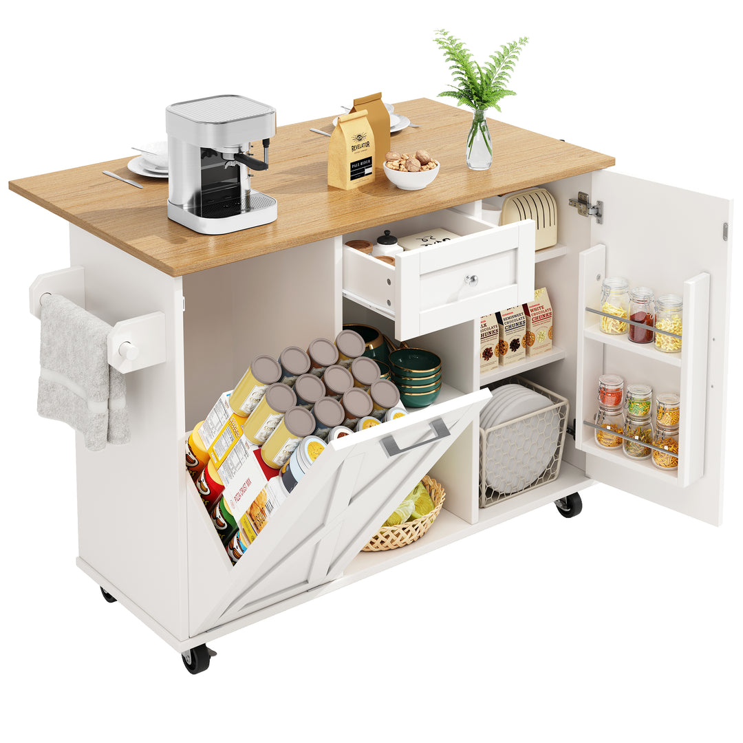 White wooden kitchen island trolley with extendable tabletop and storage cabinets ASCENDIST