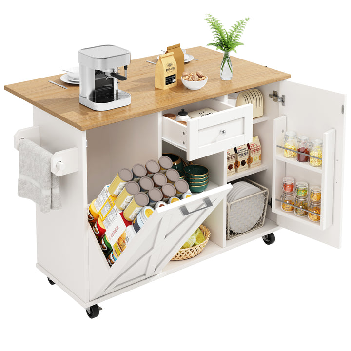 White wooden kitchen island trolley with extendable tabletop and storage cabinets ASCENDIST
