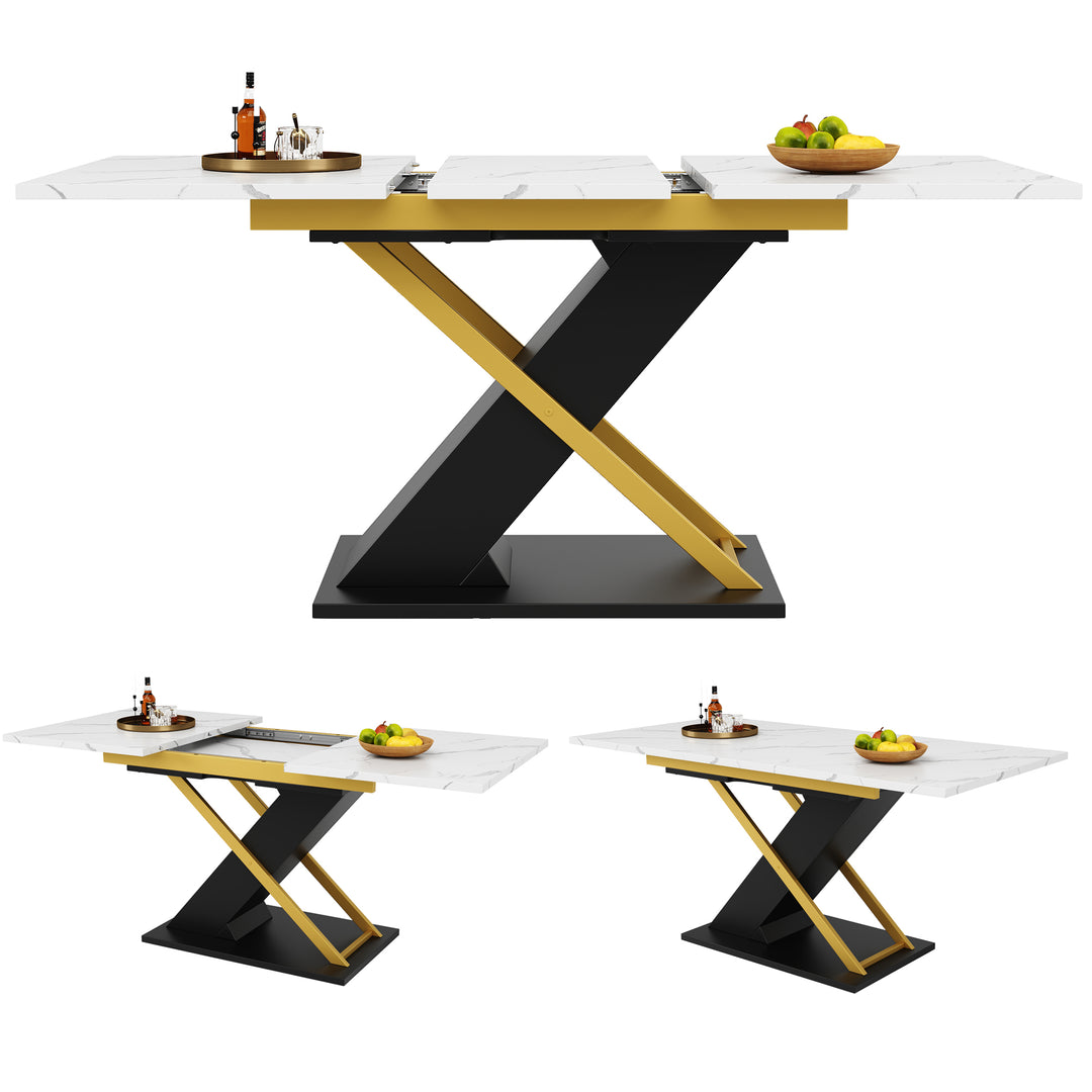 Extendable dining table 120–160 × 80 cm with marble-look top and golden cross legs COPPICEKNOLL