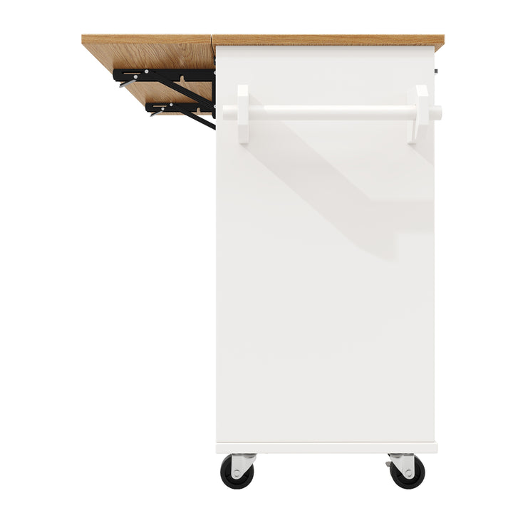 White wooden kitchen island trolley with extendable tabletop and storage cabinets ASCENDIST