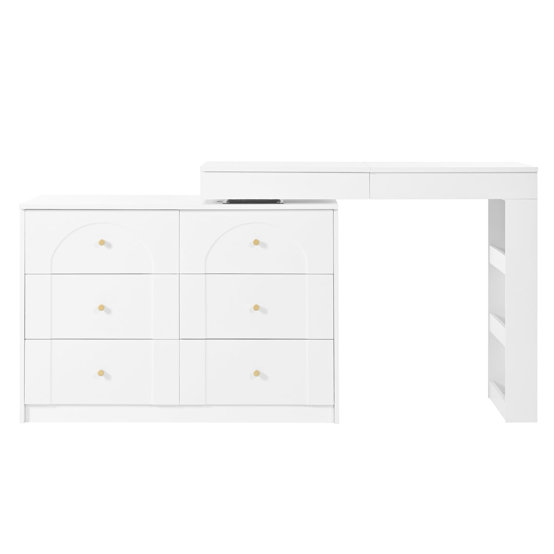 White L-shaped rotating vanity desk with LED mirror makeup table ELEGANT THROW HOME