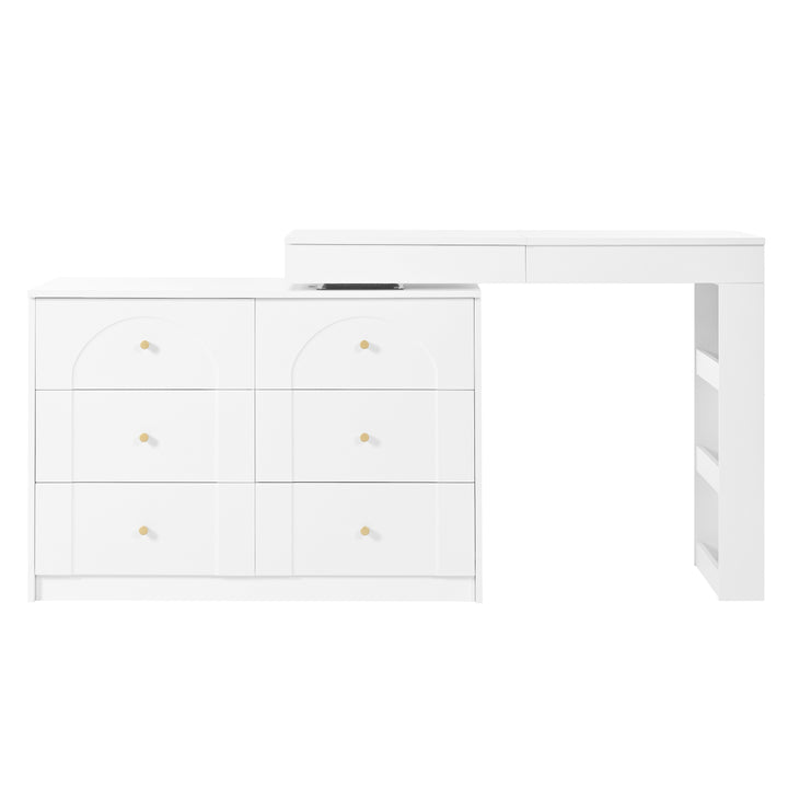 White L-shaped rotating vanity desk with LED mirror makeup table ELEGANT THROW HOME