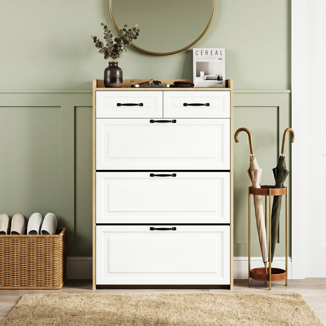 White shoe cabinet with 3 flip doors & 2 drawers 80x23.5x131cm ELEGANT TRAY ART