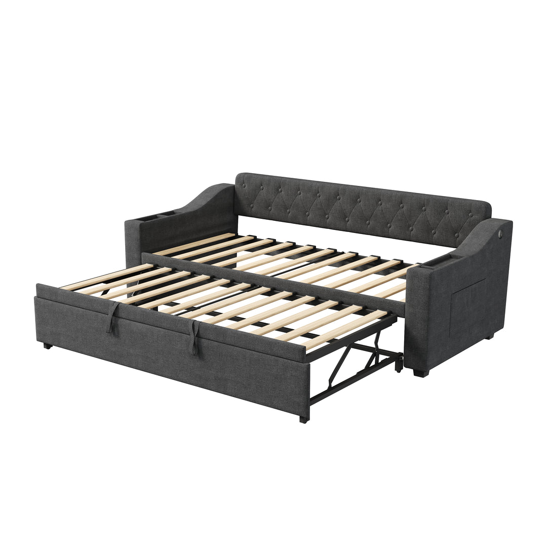 Dark grey linen tufted upholstered daybed with trundle and charging station CEARA