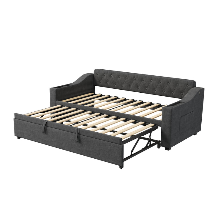 Dark grey linen tufted upholstered daybed with trundle and charging station CEARA