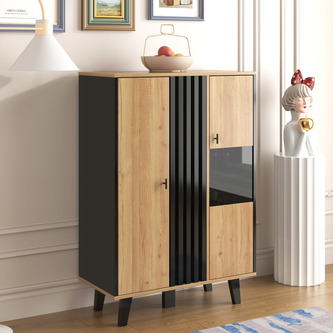 00+Sideboard black & wood with LED lighting and glass doors PROTONEM