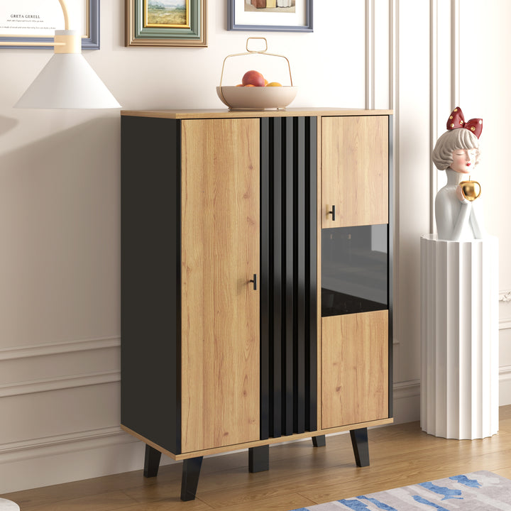 00+Sideboard black & wood with LED lighting and glass doors PROTONEM