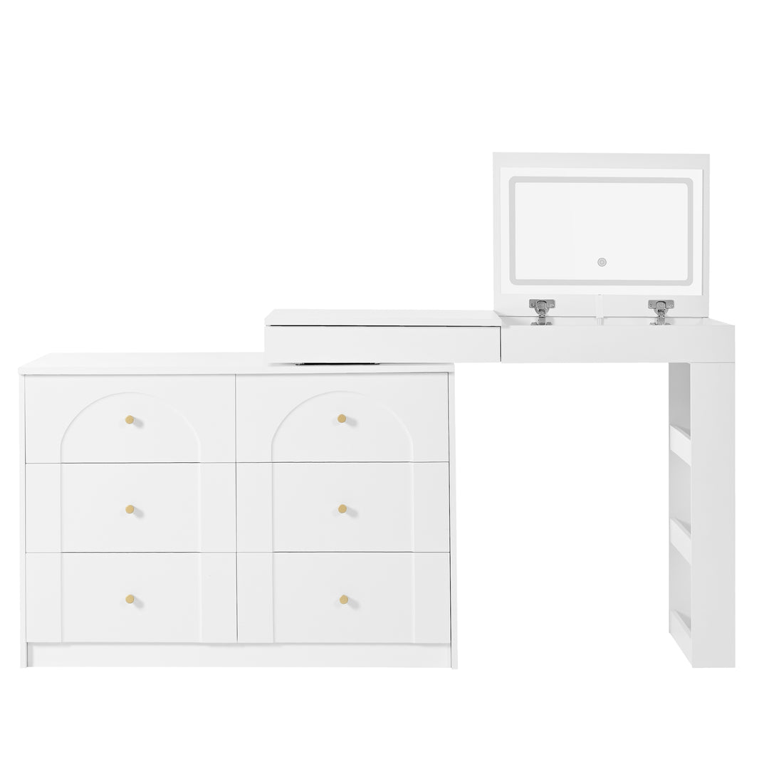 White L-shaped rotating vanity desk with LED mirror makeup table ELEGANT THROW HOME
