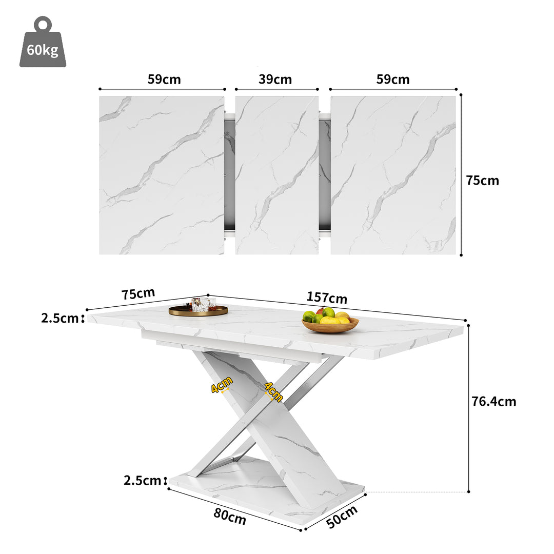 White marble-look extendable dining table cross legs design 118–157cm ASCENDIS
