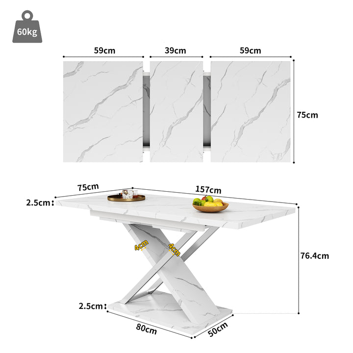 White marble-look extendable dining table cross legs design 118–157cm ASCENDIS