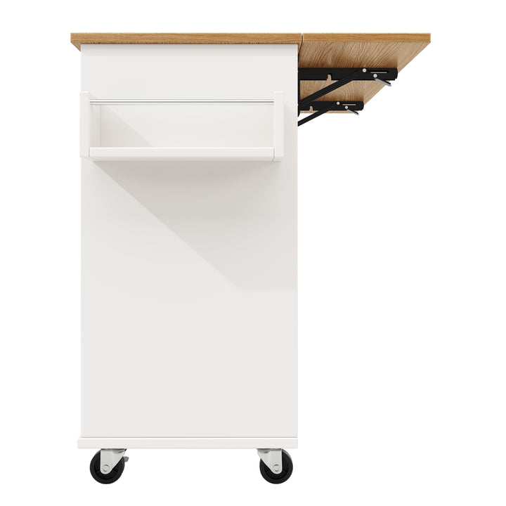 White wooden kitchen island trolley with extendable tabletop and storage cabinets ASCENDIST