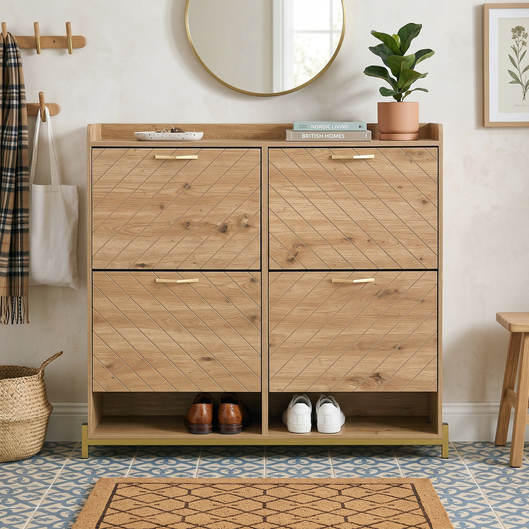 Wooden shoe cabinet diagonal stripe with 4-door gold accents 108.5×24×100cm COUNTRY DESK