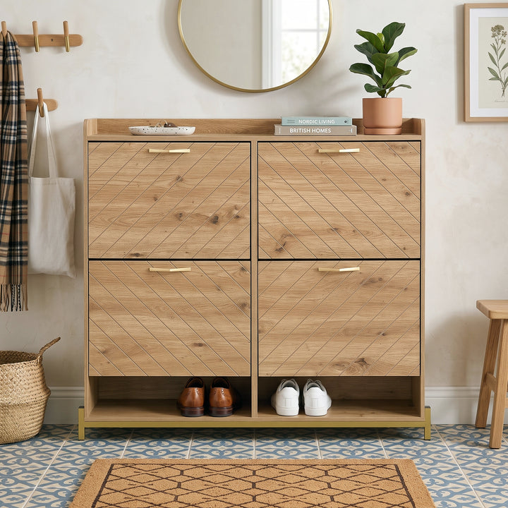 Wooden shoe cabinet diagonal stripe with 4-door gold accents 108.5×24×100cm COUNTRY DESK