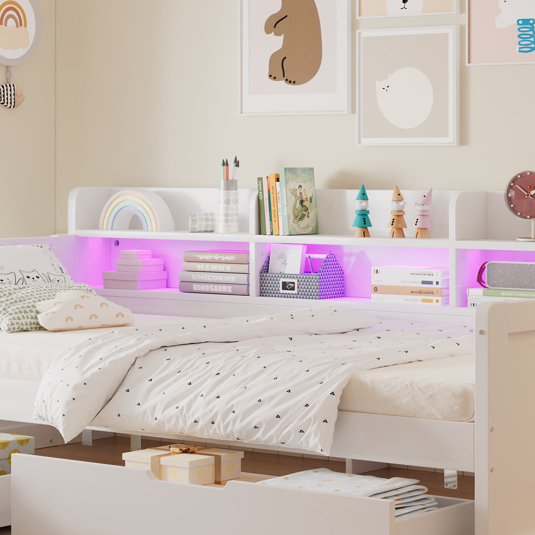 White Wooden Single Daybed Storage with 2 Wheeled Drawers and LED Light 90x190cm WOODWARDROBE