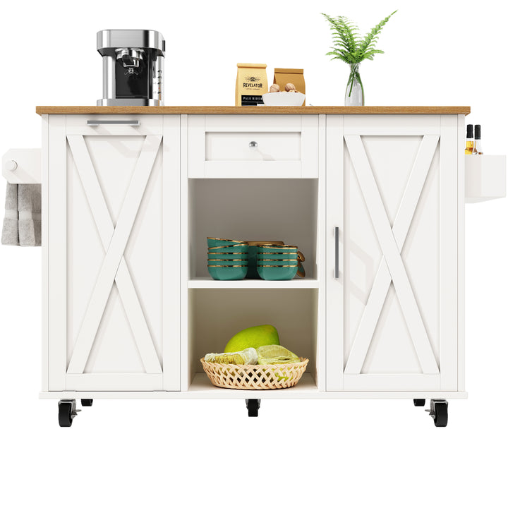 White wooden kitchen island trolley with extendable tabletop and storage cabinets ASCENDIST