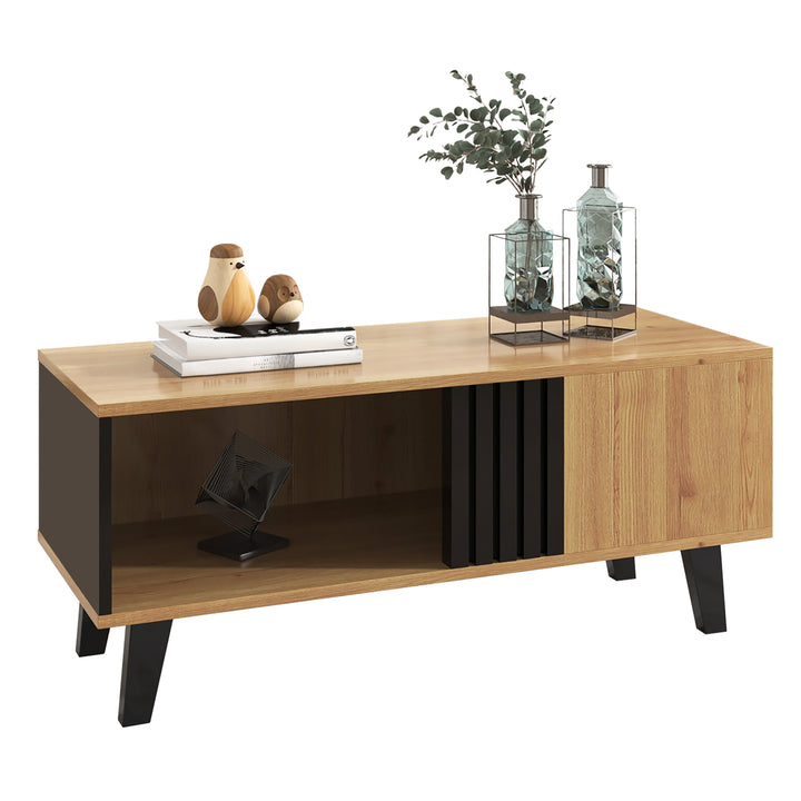 Modern wooden coffee table with black striped design, drawers & side storage WINGSEED