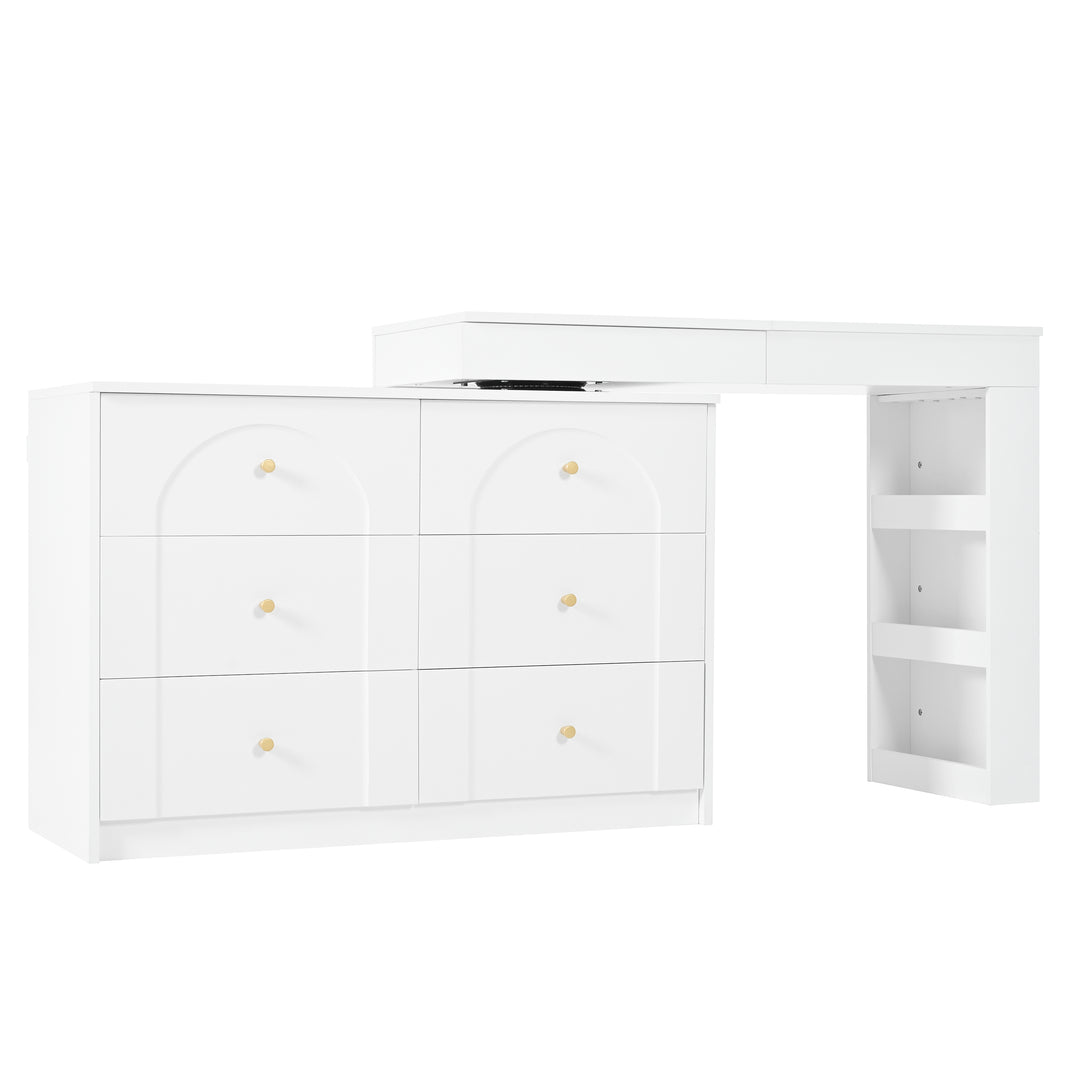 White L-shaped rotating vanity desk with LED mirror makeup table ELEGANT THROW HOME