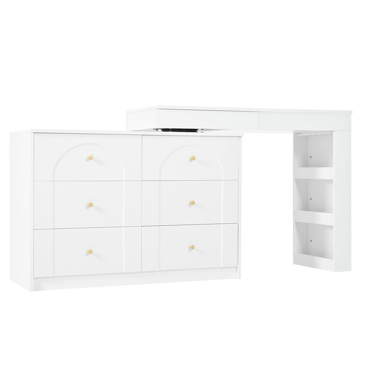 White L-shaped rotating vanity desk with LED mirror makeup table ELEGANT THROW HOME