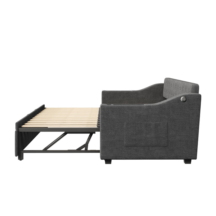 Dark grey linen tufted upholstered daybed with trundle and charging station CEARA