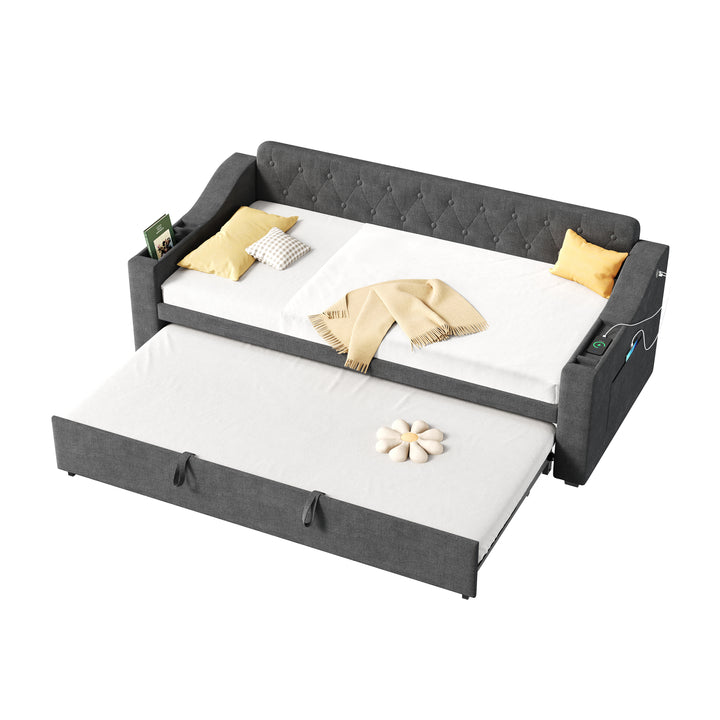 Dark grey linen tufted upholstered daybed with trundle and charging station CEARA