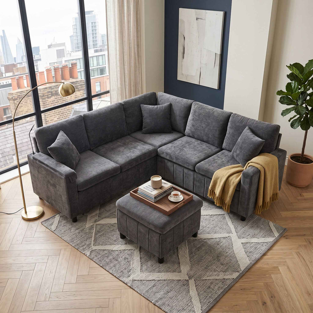 Corner sofa pull-out bed with ottoman and tabletop, grey chenille, USB & type-C, reading lamp RACKART