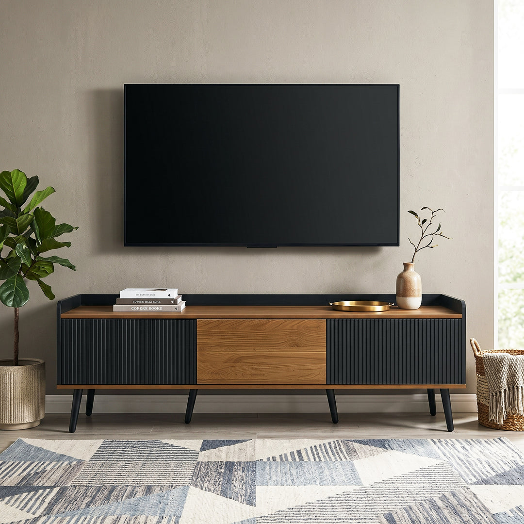 Wooden black fluted TV stand 3-door tapered legs CONSOLEECO