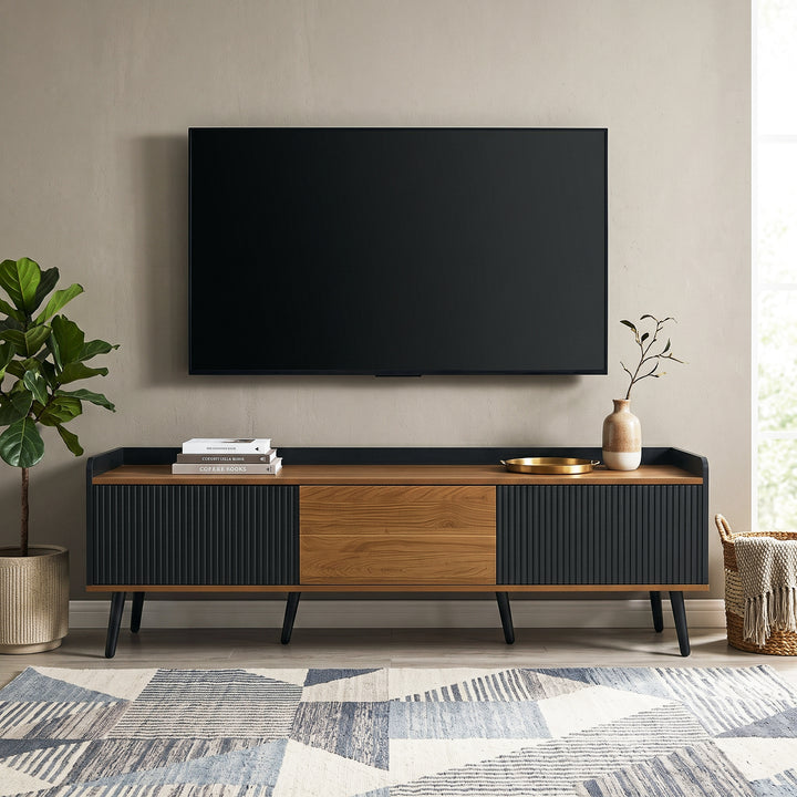 Wooden black fluted TV stand 3-door tapered legs CONSOLEECO