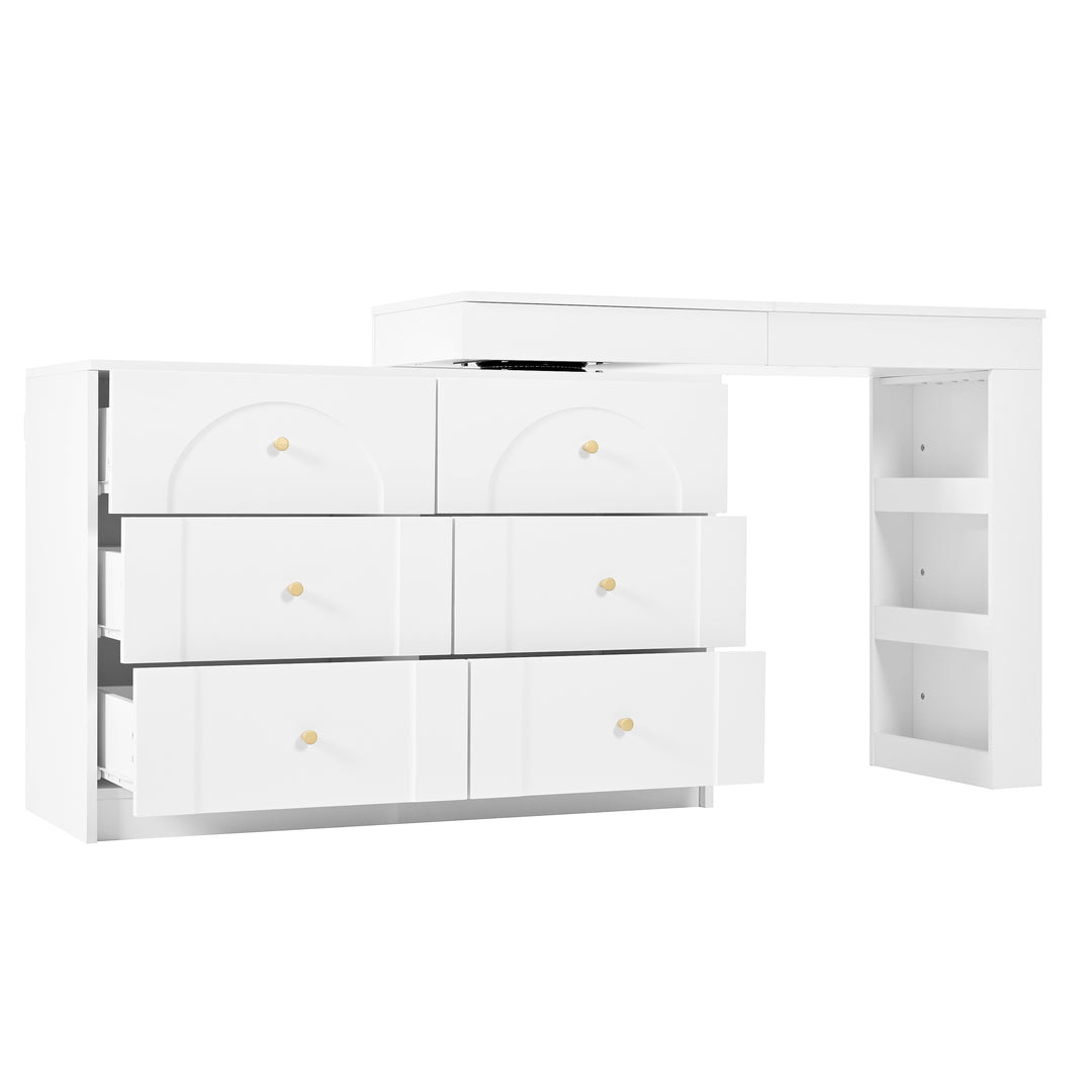 White L-shaped rotating vanity desk with LED mirror makeup table ELEGANT THROW HOME