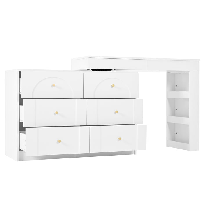 White L-shaped rotating vanity desk with LED mirror makeup table ELEGANT THROW HOME